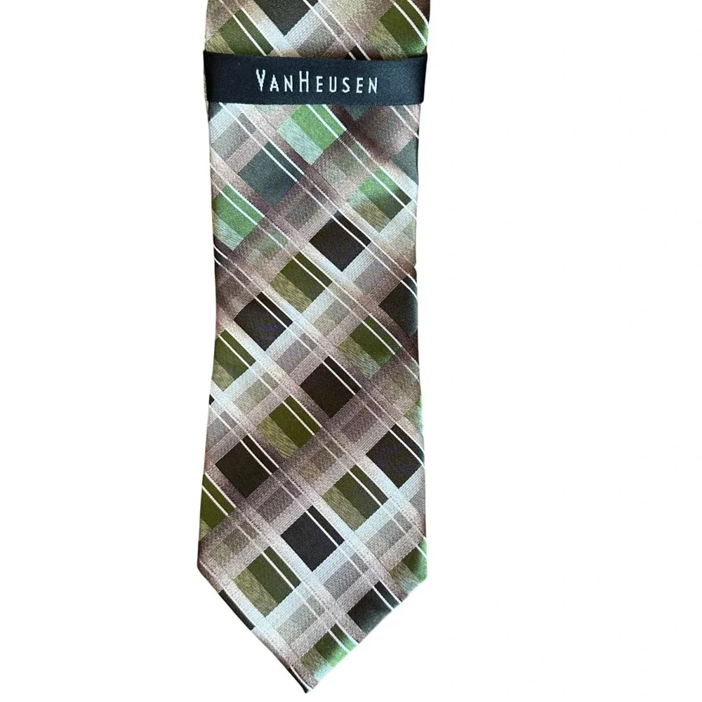 NWT New! Van Heusen Mens 100% Silk Ties - Green Paisley & Brown Plaid Set 2 ties